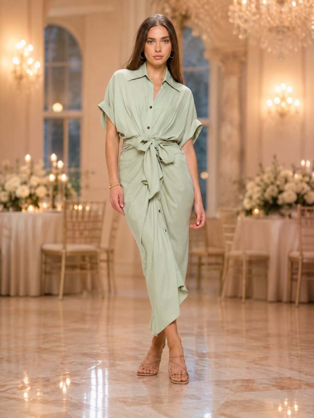 NWT Prova Vittorio Tie Waist Button Front Light Green Maxi Dress Sz. L